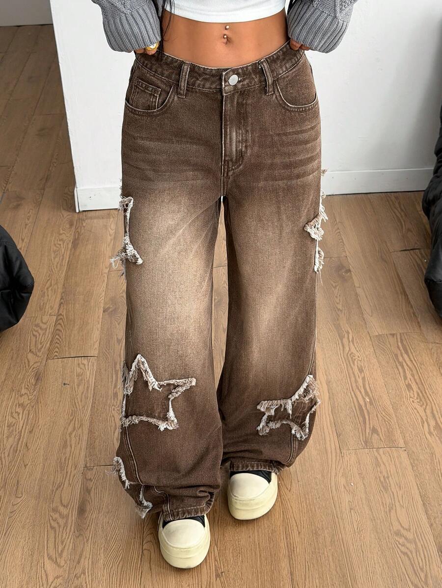 Coolane Women's Winter/All-Season Streetwear  Hippie   Music Festival Party Casual Preppy Vintage Basic Star Patched Washed Comfortable Black Baggy  Jeans
