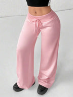 SHEIN PETITE Comfortable And Casual Plain Knitted Low-Rise Wide-Leg Women's Sweatpants Baggy