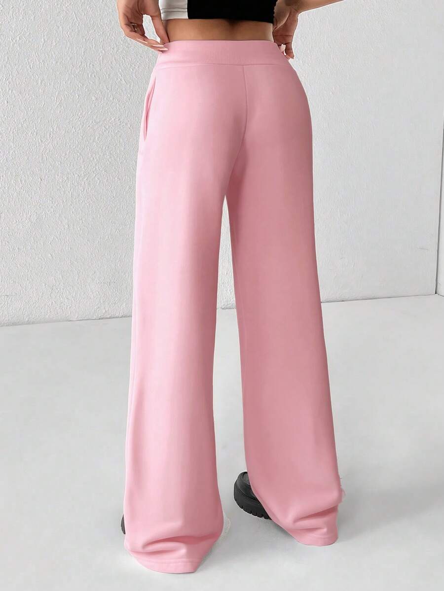 SHEIN PETITE Comfortable And Casual Plain Knitted Low-Rise Wide-Leg Women's Sweatpants Baggy
