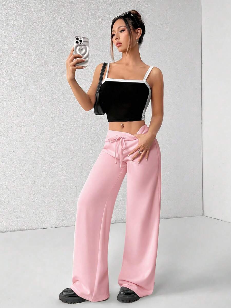 SHEIN PETITE Comfortable And Casual Plain Knitted Low-Rise Wide-Leg Women's Sweatpants Baggy