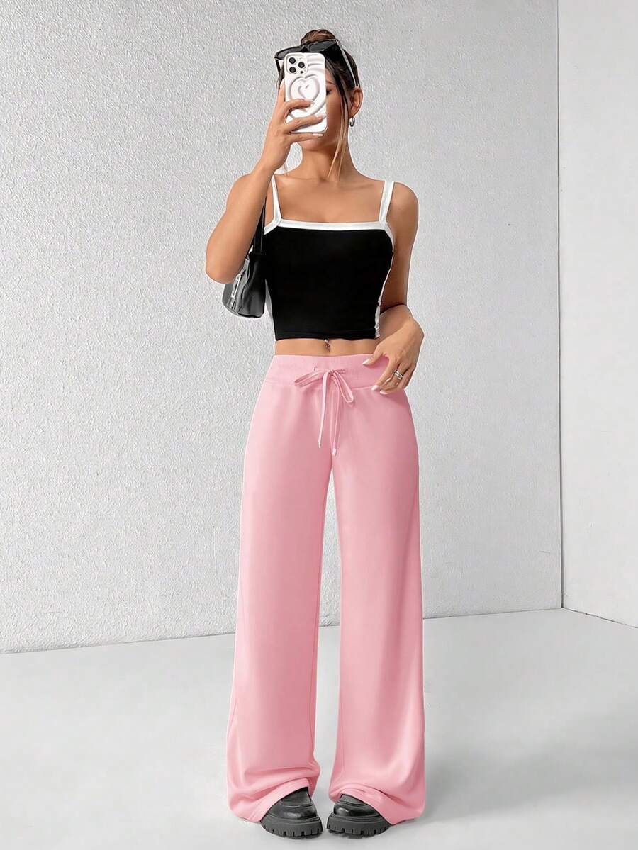 SHEIN PETITE Comfortable And Casual Plain Knitted Low-Rise Wide-Leg Women's Sweatpants Baggy