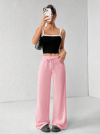 SHEIN PETITE Comfortable And Casual Plain Knitted Low-Rise Wide-Leg Women's Sweatpants Baggy