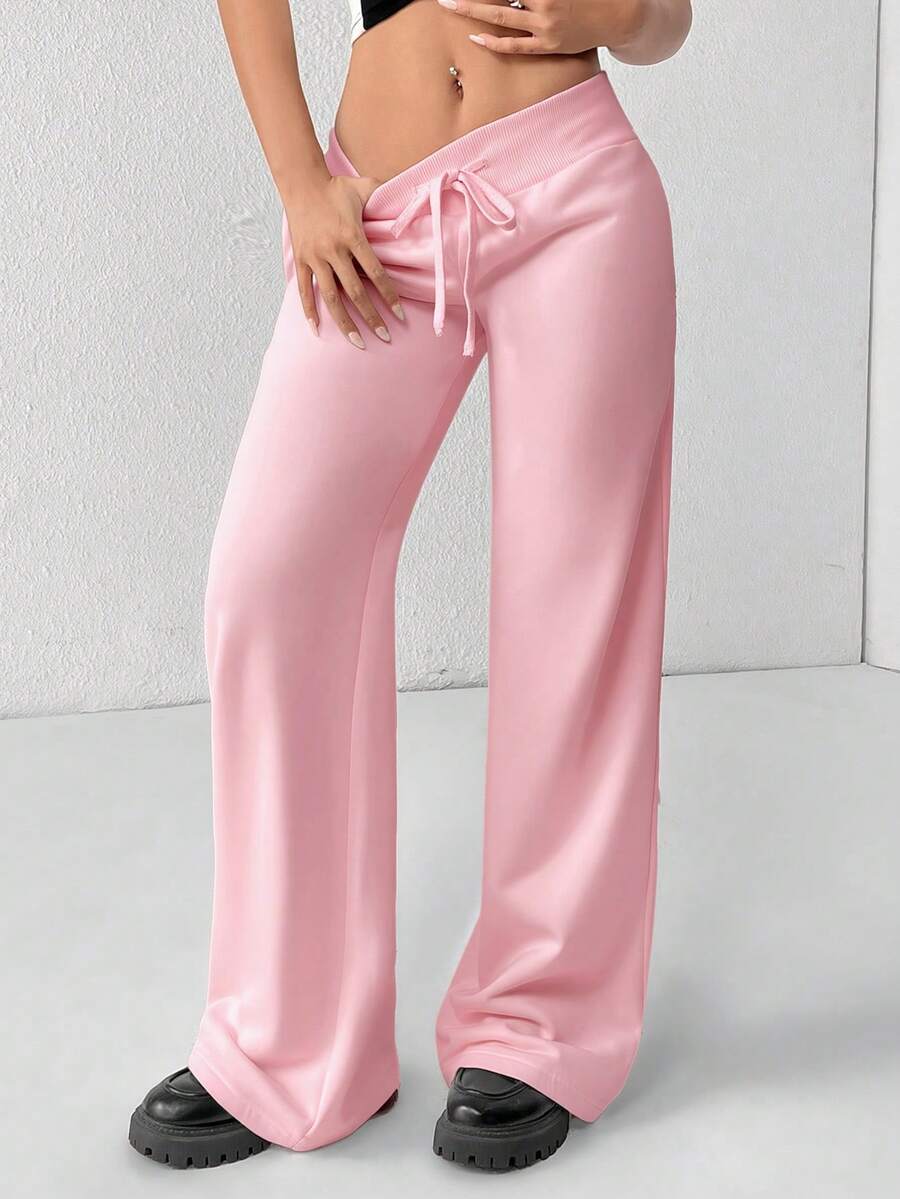 SHEIN PETITE Comfortable And Casual Plain Knitted Low-Rise Wide-Leg Women's Sweatpants Baggy