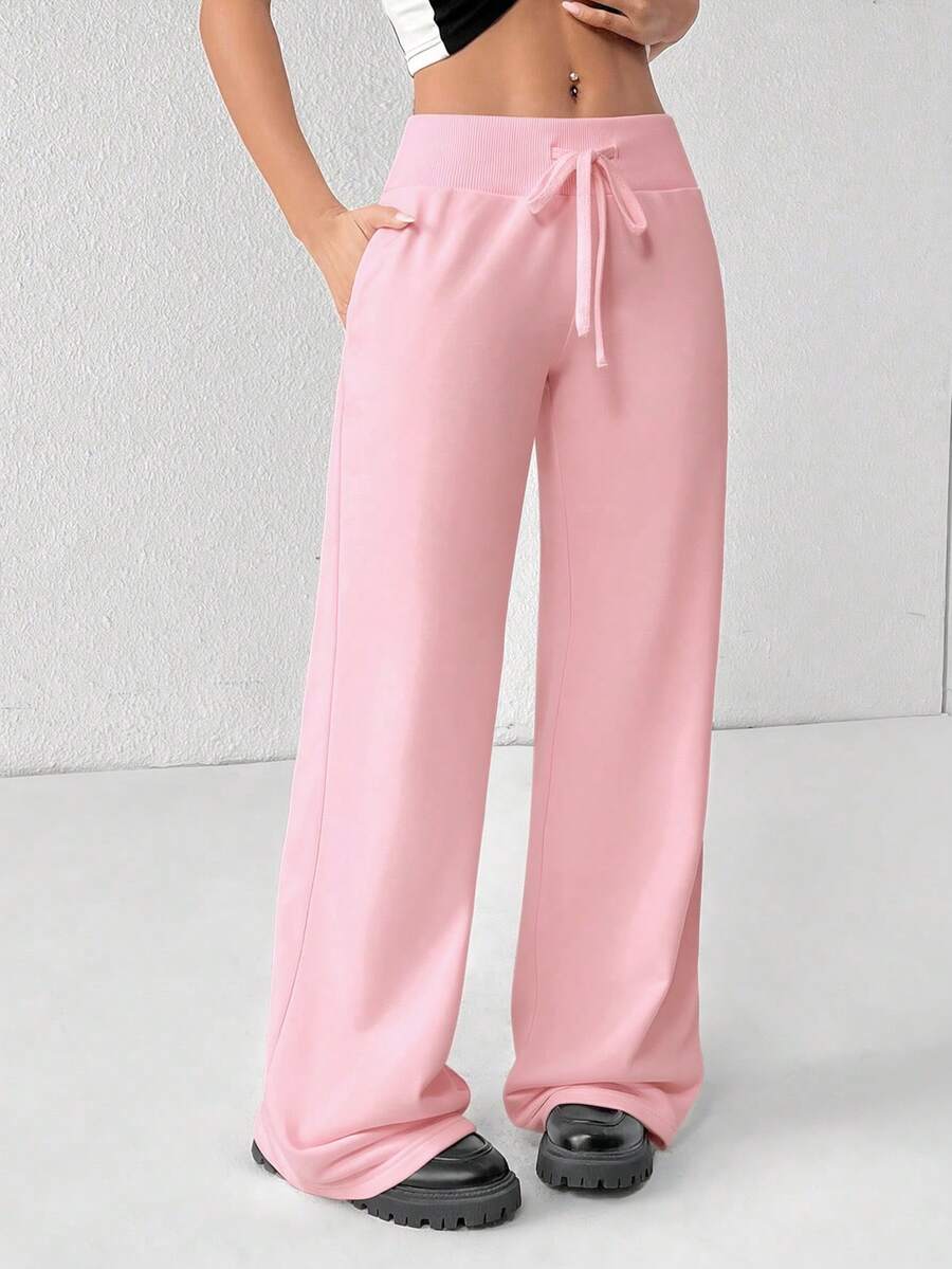 SHEIN PETITE Comfortable And Casual Plain Knitted Low-Rise Wide-Leg Women's Sweatpants Baggy