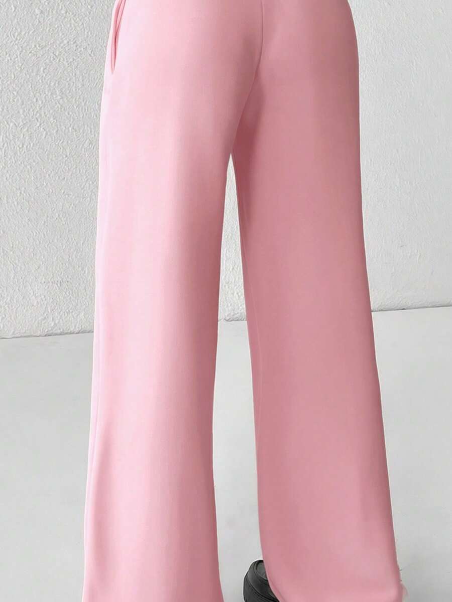 SHEIN PETITE Comfortable And Casual Plain Knitted Low-Rise Wide-Leg Women's Sweatpants Baggy
