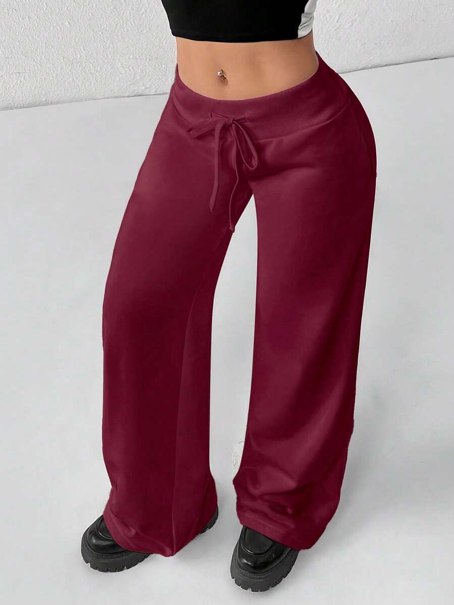 SHEIN PETITE Comfortable And Casual Plain Knitted Low-Rise Wide-Leg Women's Sweatpants Baggy