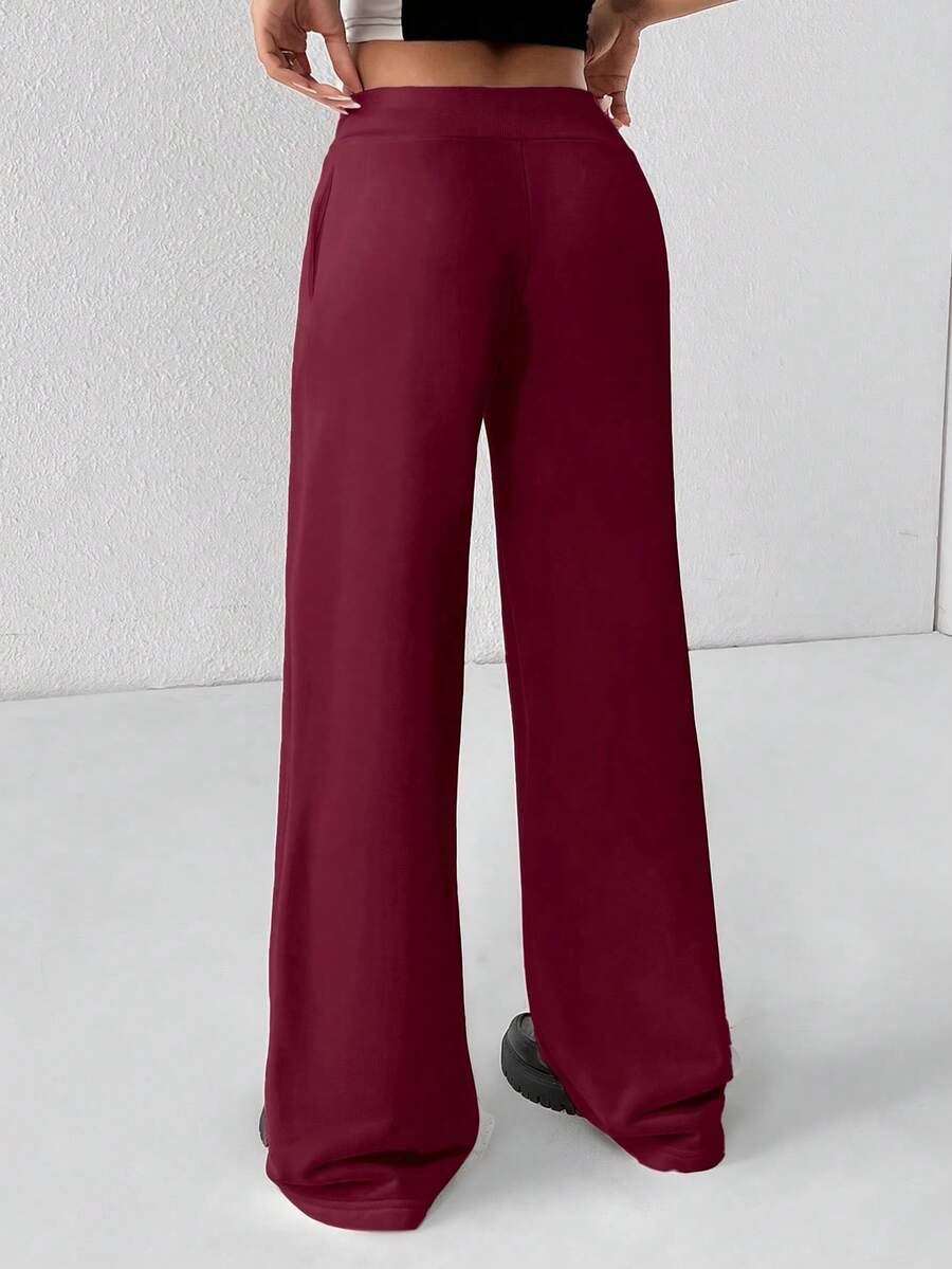 SHEIN PETITE Comfortable And Casual Plain Knitted Low-Rise Wide-Leg Women's Sweatpants Baggy