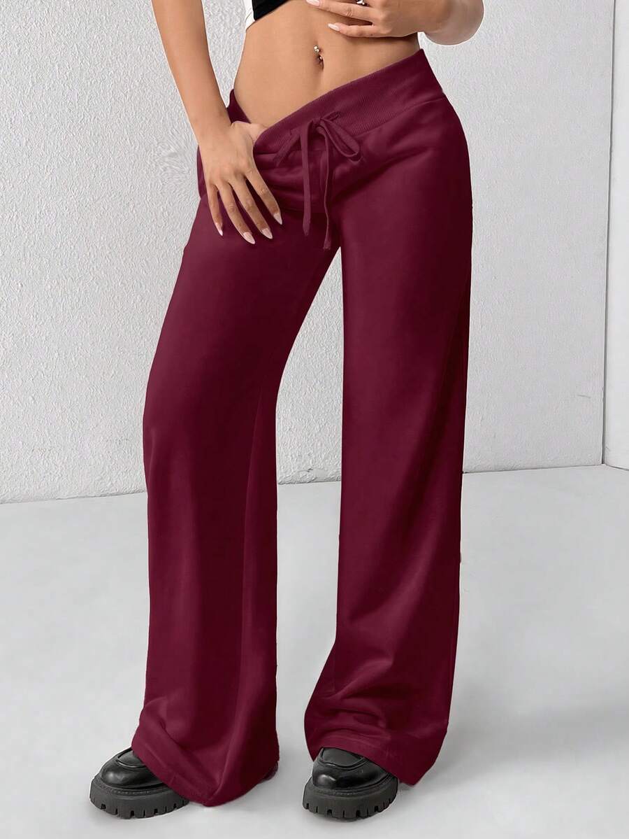 SHEIN PETITE Comfortable And Casual Plain Knitted Low-Rise Wide-Leg Women's Sweatpants Baggy