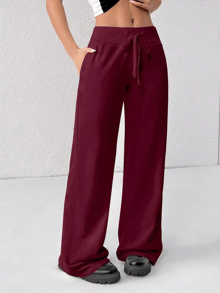 SHEIN PETITE Comfortable And Casual Plain Knitted Low-Rise Wide-Leg Women's Sweatpants Baggy