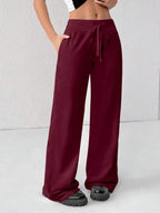 SHEIN PETITE Comfortable And Casual Plain Knitted Low-Rise Wide-Leg Women's Sweatpants Baggy
