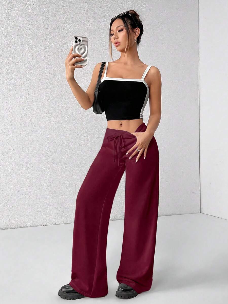 SHEIN PETITE Comfortable And Casual Plain Knitted Low-Rise Wide-Leg Women's Sweatpants Baggy