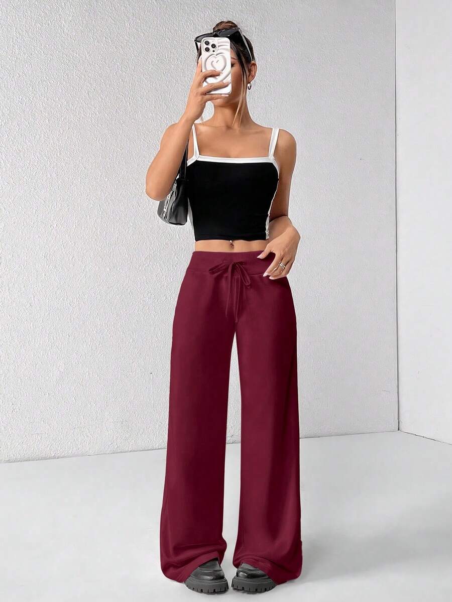 SHEIN PETITE Comfortable And Casual Plain Knitted Low-Rise Wide-Leg Women's Sweatpants Baggy