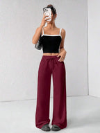 SHEIN PETITE Comfortable And Casual Plain Knitted Low-Rise Wide-Leg Women's Sweatpants Baggy