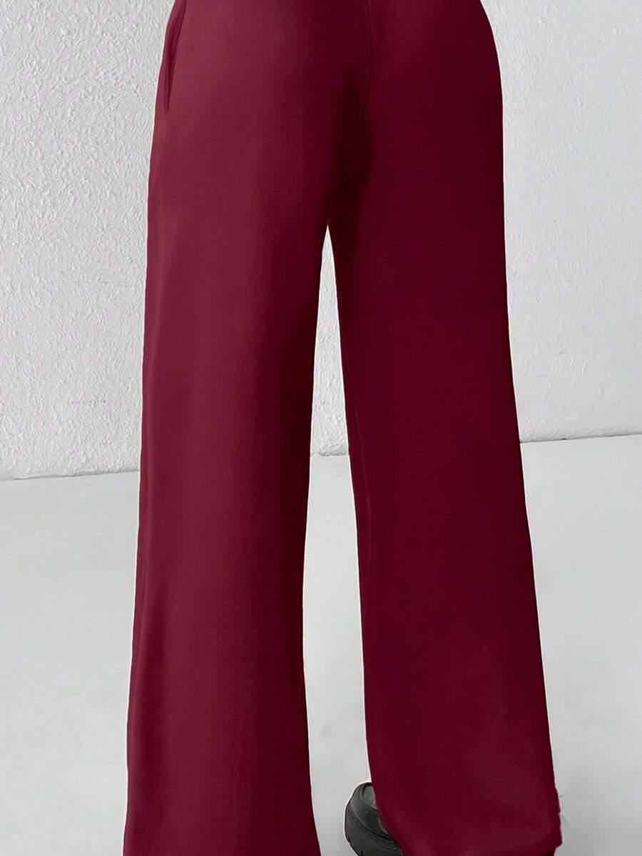 SHEIN PETITE Comfortable And Casual Plain Knitted Low-Rise Wide-Leg Women's Sweatpants Baggy