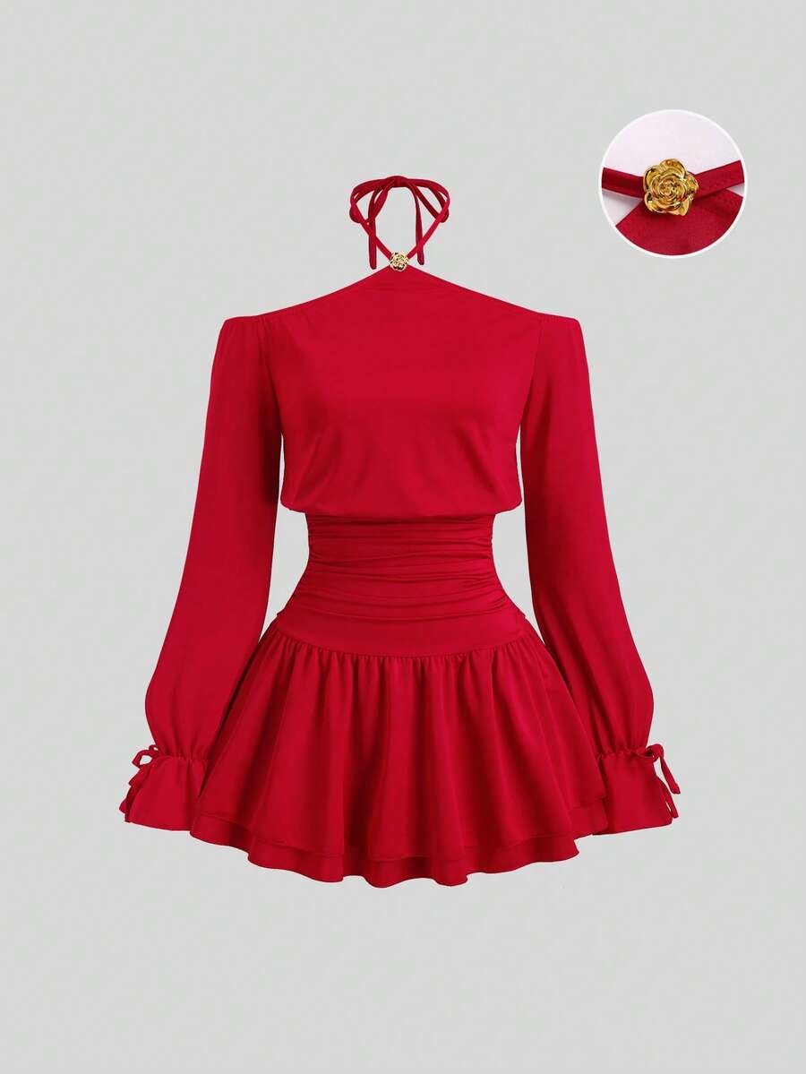 Sweetra Elegant French Style Red Dress For Valentine's Day, Unique Halter Off Shoulder Design With Metal Buckle Accent, Fashion Cocktail Dress With Cinched Waist, Butterfly Sleeve, Sexy Bodycon Silhouette
