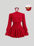 Sweetra Elegant French Style Red Dress For Valentine's Day, Unique Halter Off Shoulder Design With Metal Buckle Accent, Fashion Cocktail Dress With Cinched Waist, Butterfly Sleeve, Sexy Bodycon Silhouette