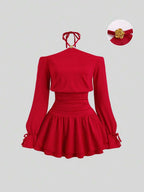 Sweetra Elegant French Style Red Dress For Valentine's Day, Unique Halter Off Shoulder Design With Metal Buckle Accent, Fashion Cocktail Dress With Cinched Waist, Butterfly Sleeve, Sexy Bodycon Silhouette