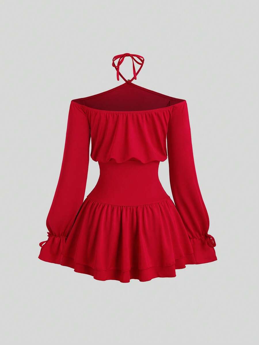 Sweetra Elegant French Style Red Dress For Valentine's Day, Unique Halter Off Shoulder Design With Metal Buckle Accent, Fashion Cocktail Dress With Cinched Waist, Butterfly Sleeve, Sexy Bodycon Silhouette