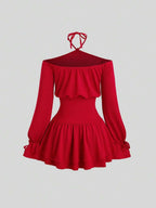 Sweetra Elegant French Style Red Dress For Valentine's Day, Unique Halter Off Shoulder Design With Metal Buckle Accent, Fashion Cocktail Dress With Cinched Waist, Butterfly Sleeve, Sexy Bodycon Silhouette