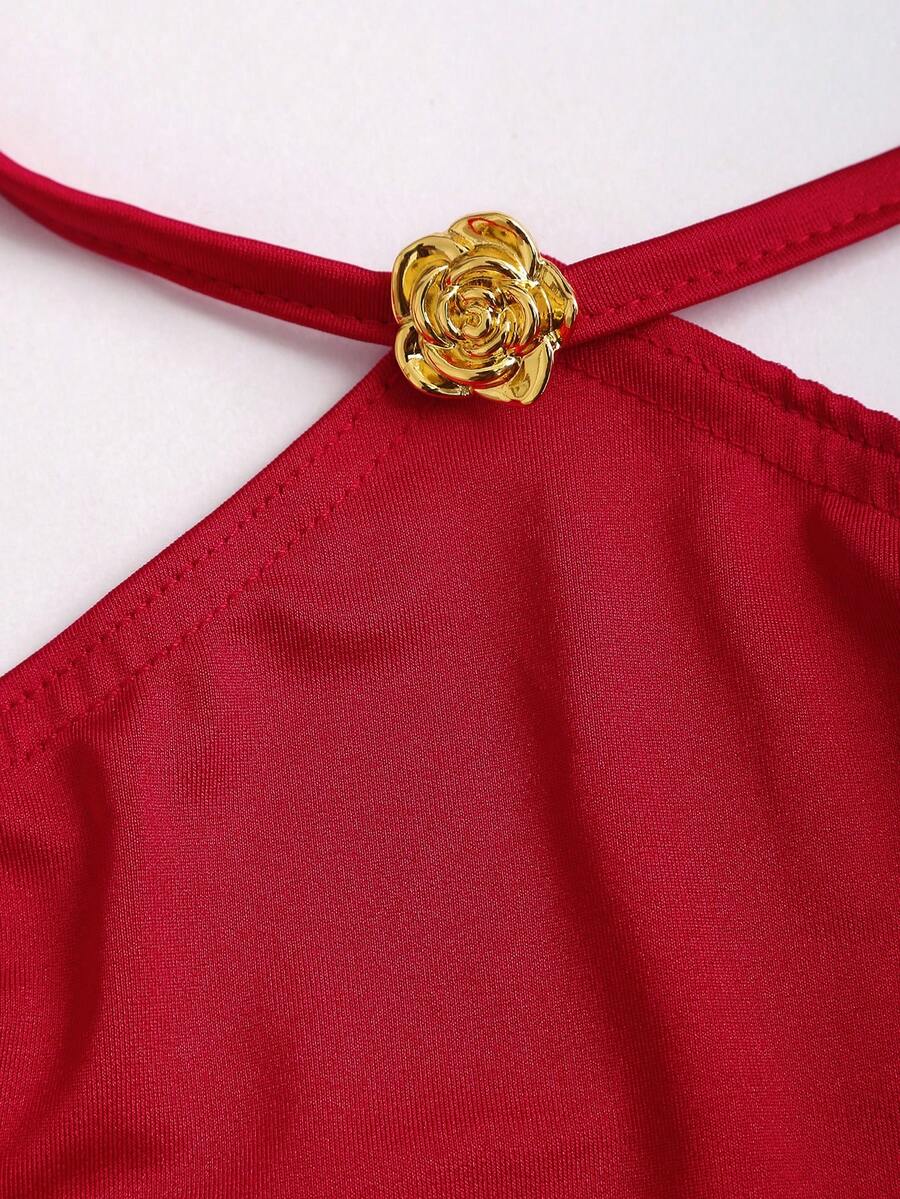 Sweetra Elegant French Style Red Dress For Valentine's Day, Unique Halter Off Shoulder Design With Metal Buckle Accent, Fashion Cocktail Dress With Cinched Waist, Butterfly Sleeve, Sexy Bodycon Silhouette