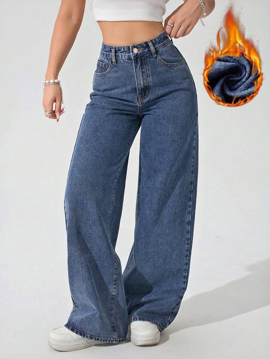 SHEIN ICON Women's Loose Fit Wide Leg Pockets Casual Versatile Jeans Pants