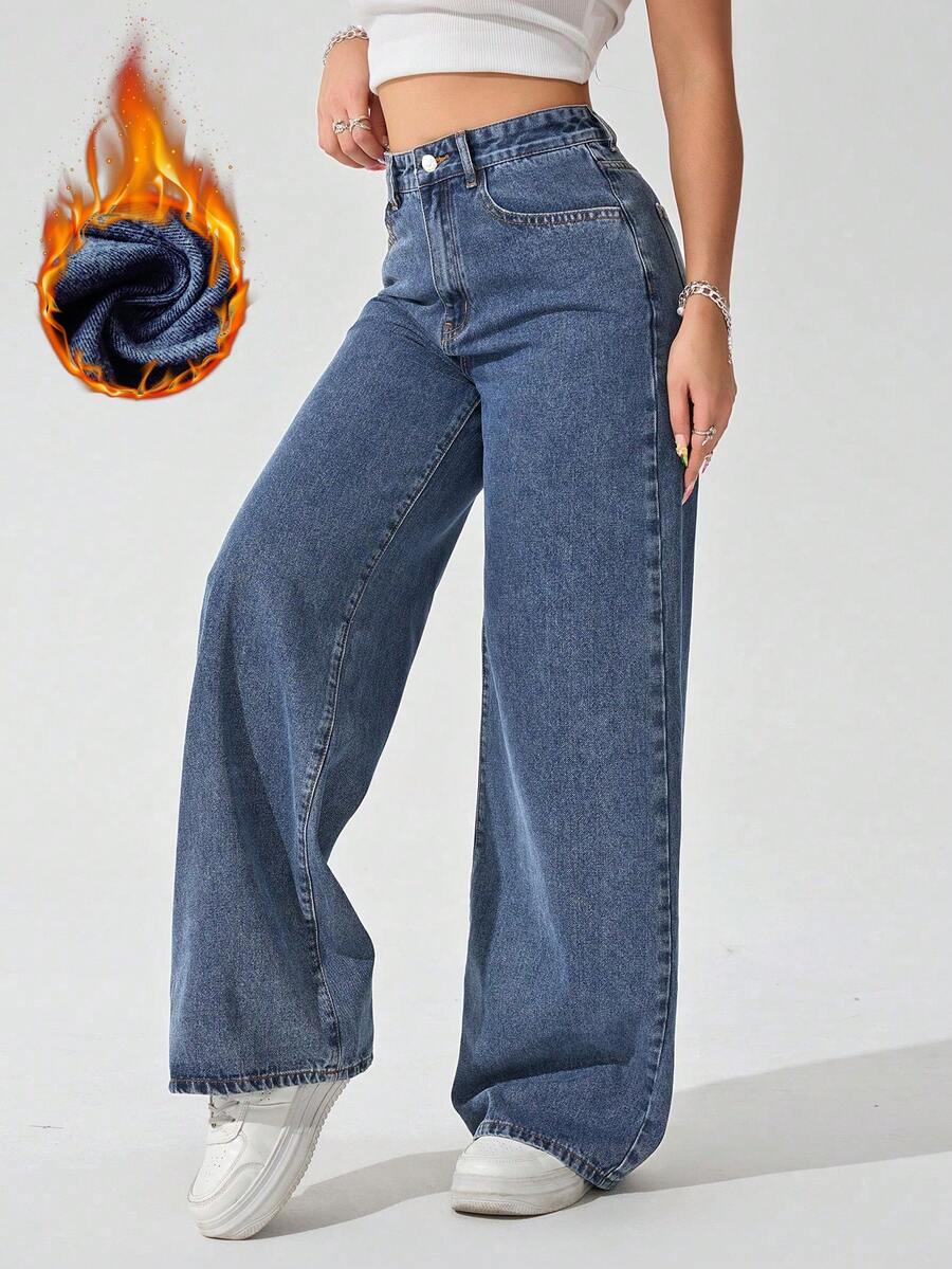SHEIN ICON Women's Loose Fit Wide Leg Pockets Casual Versatile Jeans Pants