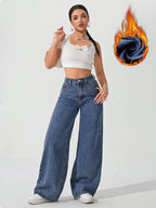 SHEIN ICON Women's Loose Fit Wide Leg Pockets Casual Versatile Jeans Pants