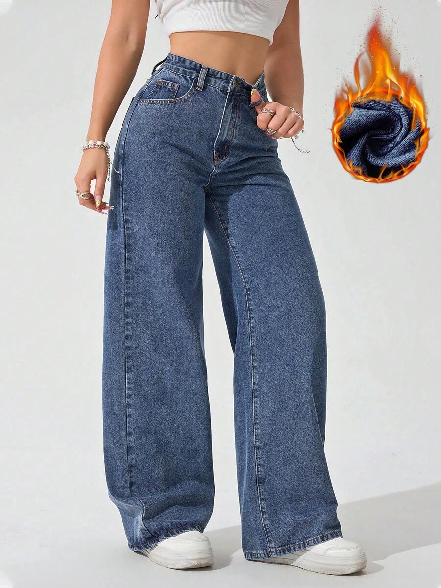 SHEIN ICON Women's Loose Fit Wide Leg Pockets Casual Versatile Jeans Pants