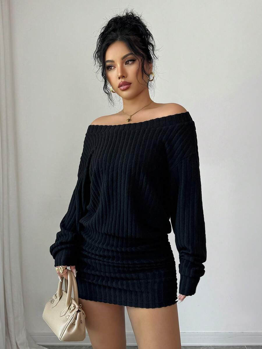 SHEIN PETITE PETITE Women Casual Versatile Off Shoulder Ribbed Long Sleeve Short Bodycon Dress, Suitable For Autumn/Winter, Thanksgiving, New Year
