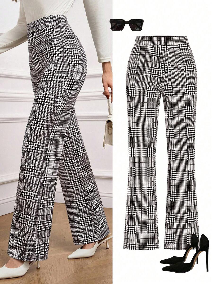 SHEIN Clasi Summer Elegant Women's Plaid Printed Elastic Knitted Pants, Suitable For Various Occasions, Suitable For Summer Vacation, Elegant Travel, And Daily Commuting Business Casual Woman
