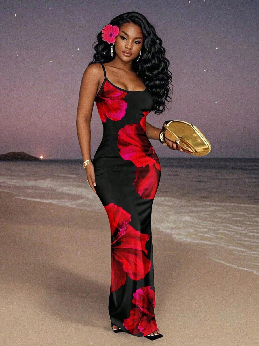 Slaydiva Casual Floral Print Camisole Bodycon Long Dress For Women, Summer Yellow Floral Bodycon Dress Yellow Summer Dress Bodycon Dress Women Yellow Dress Floral Print Bodycon Dress Suitable For Going Out Chic Dress