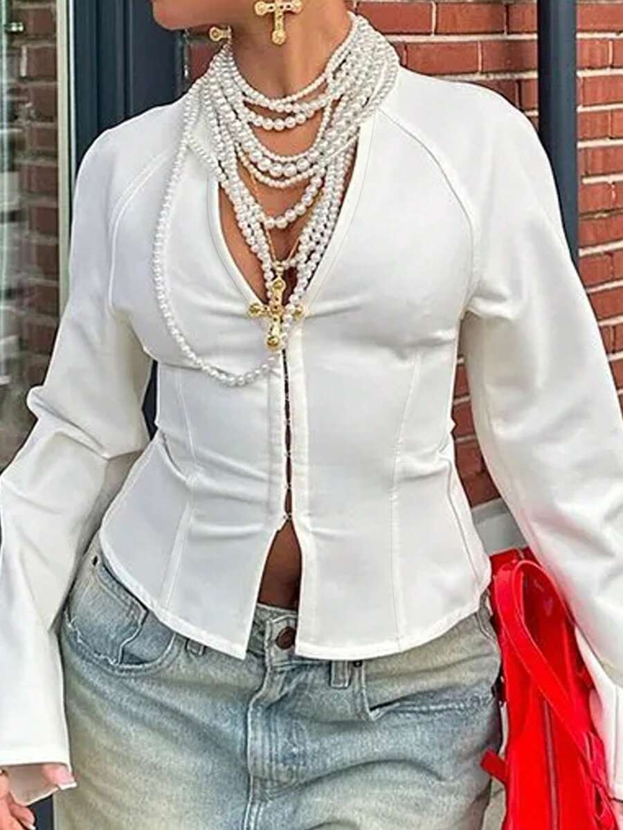 Women's Casual Raglan Sleeve Hooked Long Sleeve Top, Fashionable V-Neck Long Sleeve Knit Blouse, Regular Length, Medium Stretch, Raglan Sleeve, Suitable For Christmas, Thanksgiving, Valentine's Day