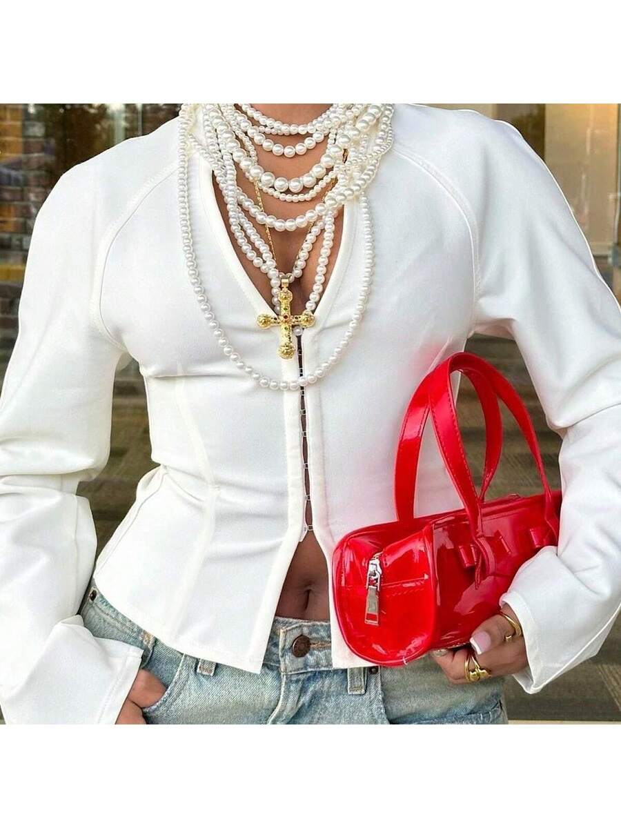 Women's Casual Raglan Sleeve Hooked Long Sleeve Top, Fashionable V-Neck Long Sleeve Knit Blouse, Regular Length, Medium Stretch, Raglan Sleeve, Suitable For Christmas, Thanksgiving, Valentine's Day