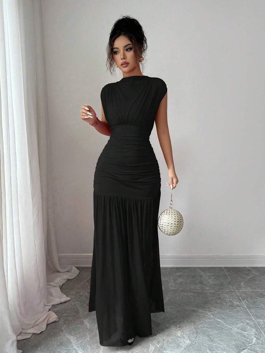 Elenzga New Fashionable Solid Red Mini Stand Collar Sleeveless Sexy Hollow-Out Mesh Splice Pleated A-Line Maxi Dress For Women, Suitable For Graduation Party, Holiday, Date