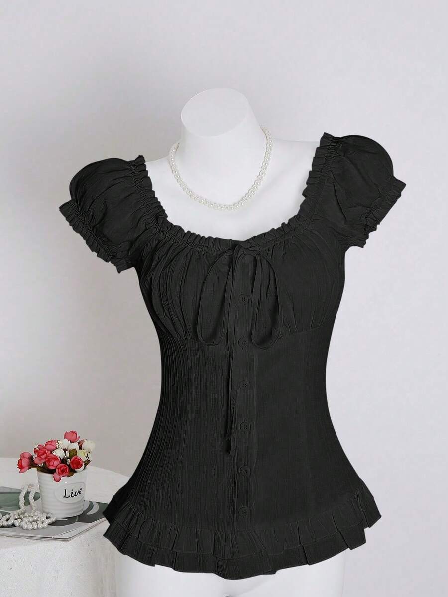 Sweetra Women's Summer Solid Color Ruffle Hem Tie Waist Short Sleeve Blouse