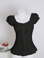 Sweetra Women's Summer Solid Color Ruffle Hem Tie Waist Short Sleeve Blouse