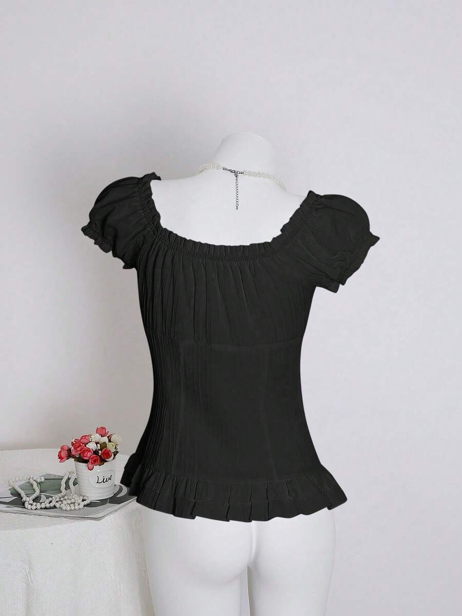 Sweetra Women's Summer Solid Color Ruffle Hem Tie Waist Short Sleeve Blouse