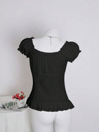 Sweetra Women's Summer Solid Color Ruffle Hem Tie Waist Short Sleeve Blouse