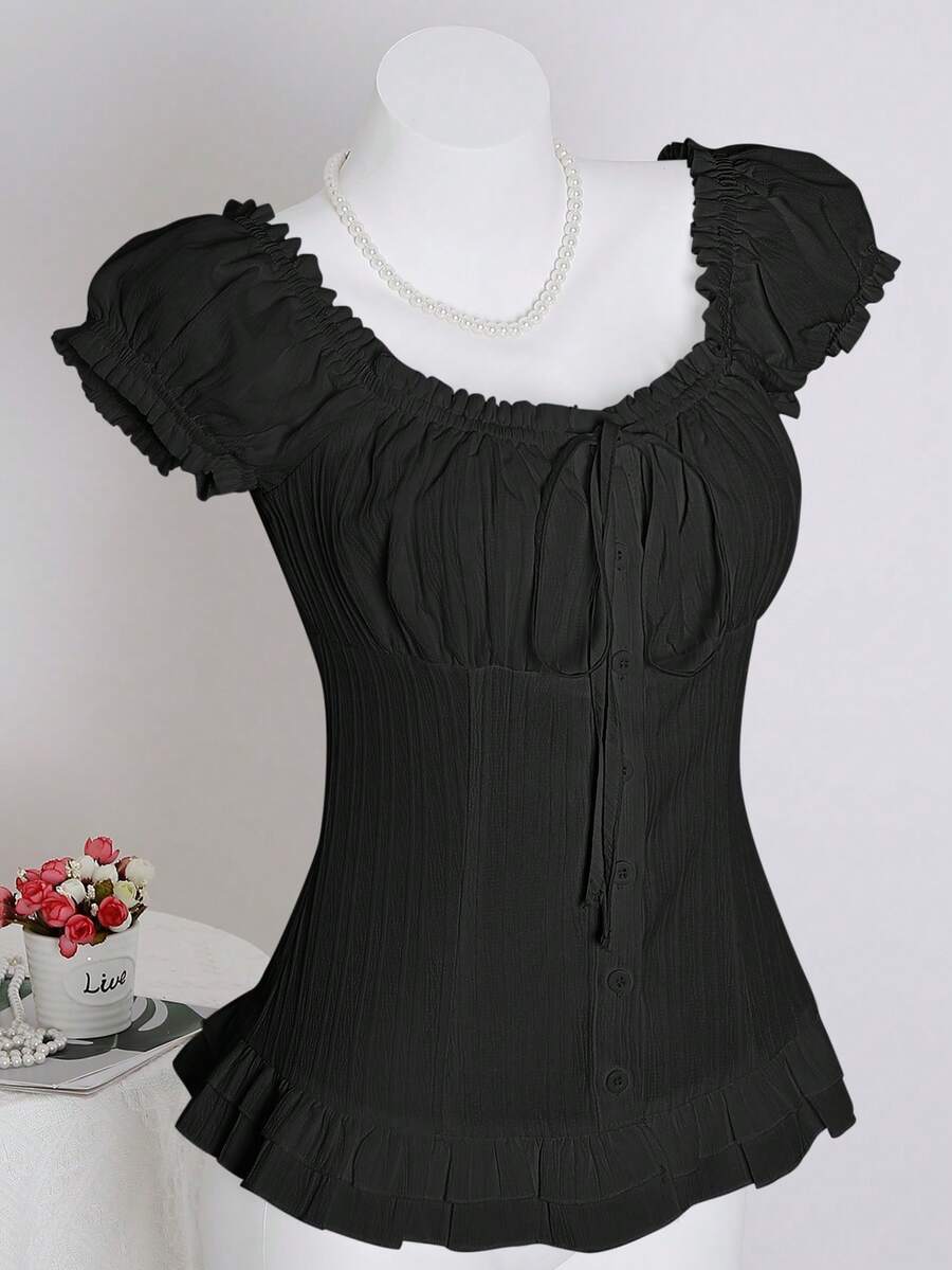 Sweetra Women's Summer Solid Color Ruffle Hem Tie Waist Short Sleeve Blouse