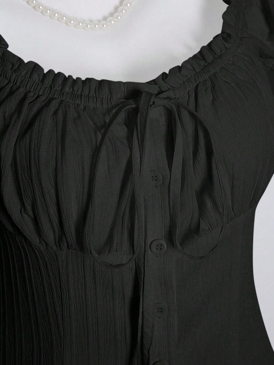 Sweetra Women's Summer Solid Color Ruffle Hem Tie Waist Short Sleeve Blouse