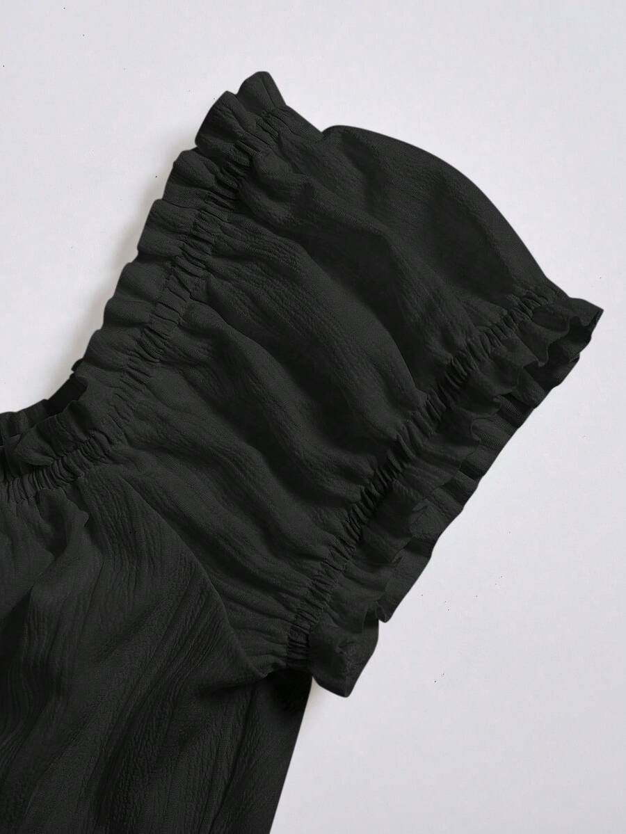 Sweetra Women's Summer Solid Color Ruffle Hem Tie Waist Short Sleeve Blouse