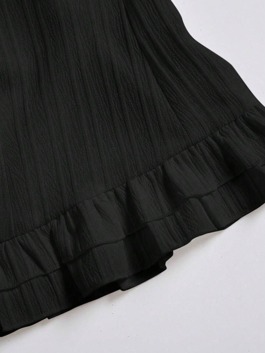 Sweetra Women's Summer Solid Color Ruffle Hem Tie Waist Short Sleeve Blouse
