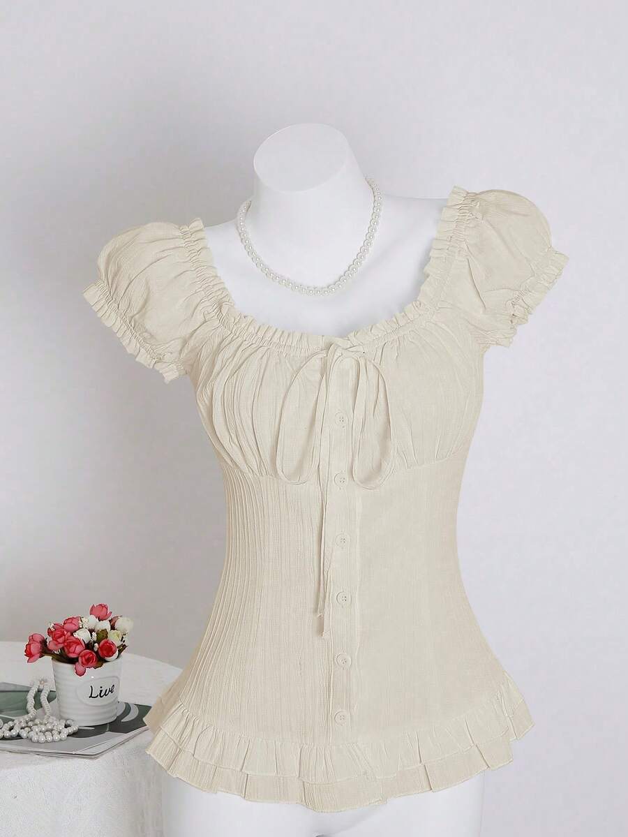 Sweetra Women's Summer Solid Color Ruffle Hem Tie Waist Short Sleeve Blouse