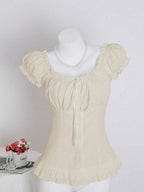 Sweetra Women's Summer Solid Color Ruffle Hem Tie Waist Short Sleeve Blouse