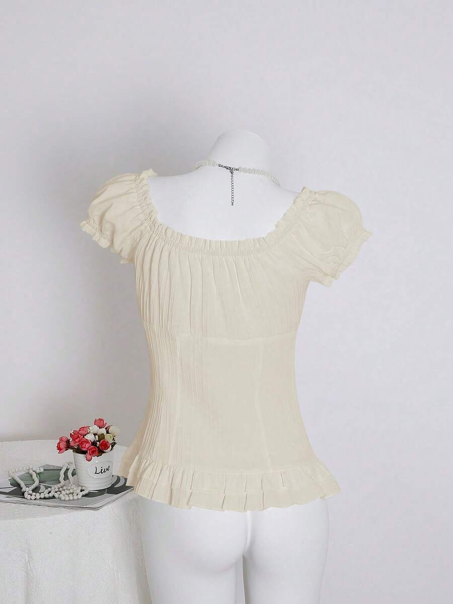 Sweetra Women's Summer Solid Color Ruffle Hem Tie Waist Short Sleeve Blouse