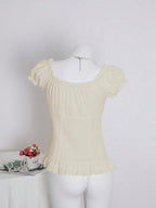 Sweetra Women's Summer Solid Color Ruffle Hem Tie Waist Short Sleeve Blouse