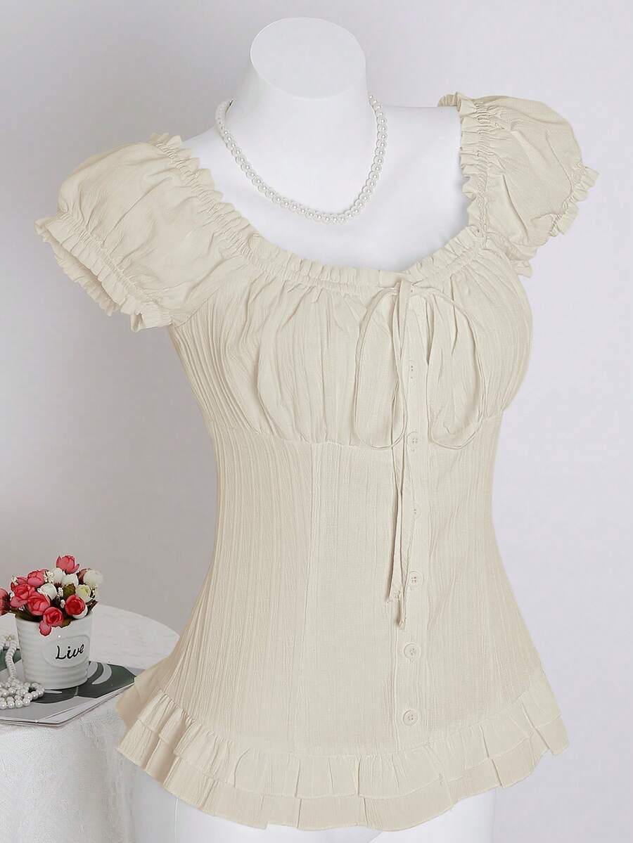 Sweetra Women's Summer Solid Color Ruffle Hem Tie Waist Short Sleeve Blouse