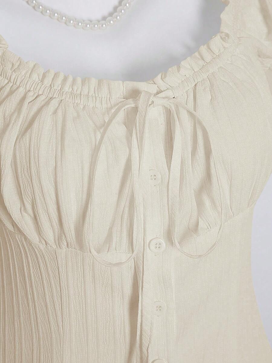 Sweetra Women's Summer Solid Color Ruffle Hem Tie Waist Short Sleeve Blouse