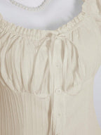 Sweetra Women's Summer Solid Color Ruffle Hem Tie Waist Short Sleeve Blouse