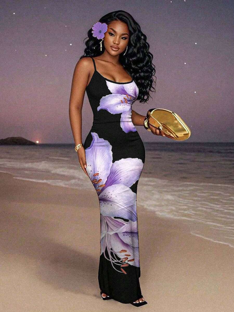 Slaydiva Casual Floral Print Camisole Bodycon Long Dress For Women, Summer Yellow Floral Bodycon Dress Yellow Summer Dress Bodycon Dress Women Yellow Dress Floral Print Bodycon Dress Suitable For Going Out Chic Dress
